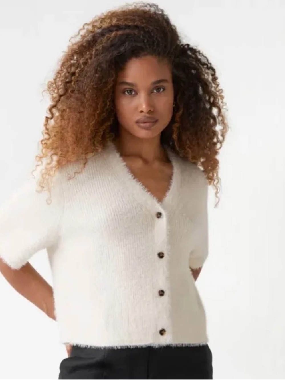 & Other Stories Cream Fuzzy Ribbed V-Neck Sweater